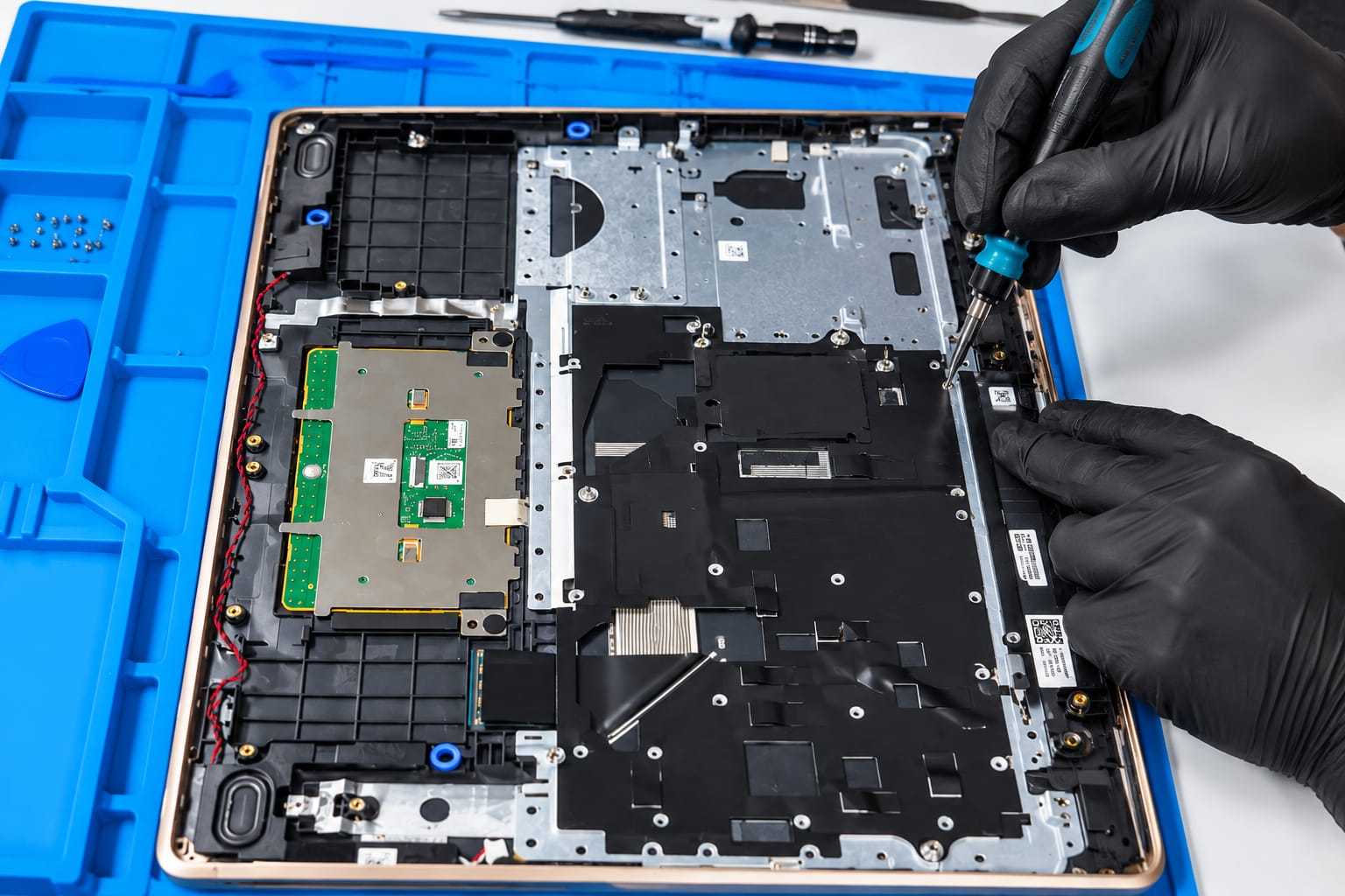 Laptop abierta en la mesa de trabajo durante un mantenimiento interno